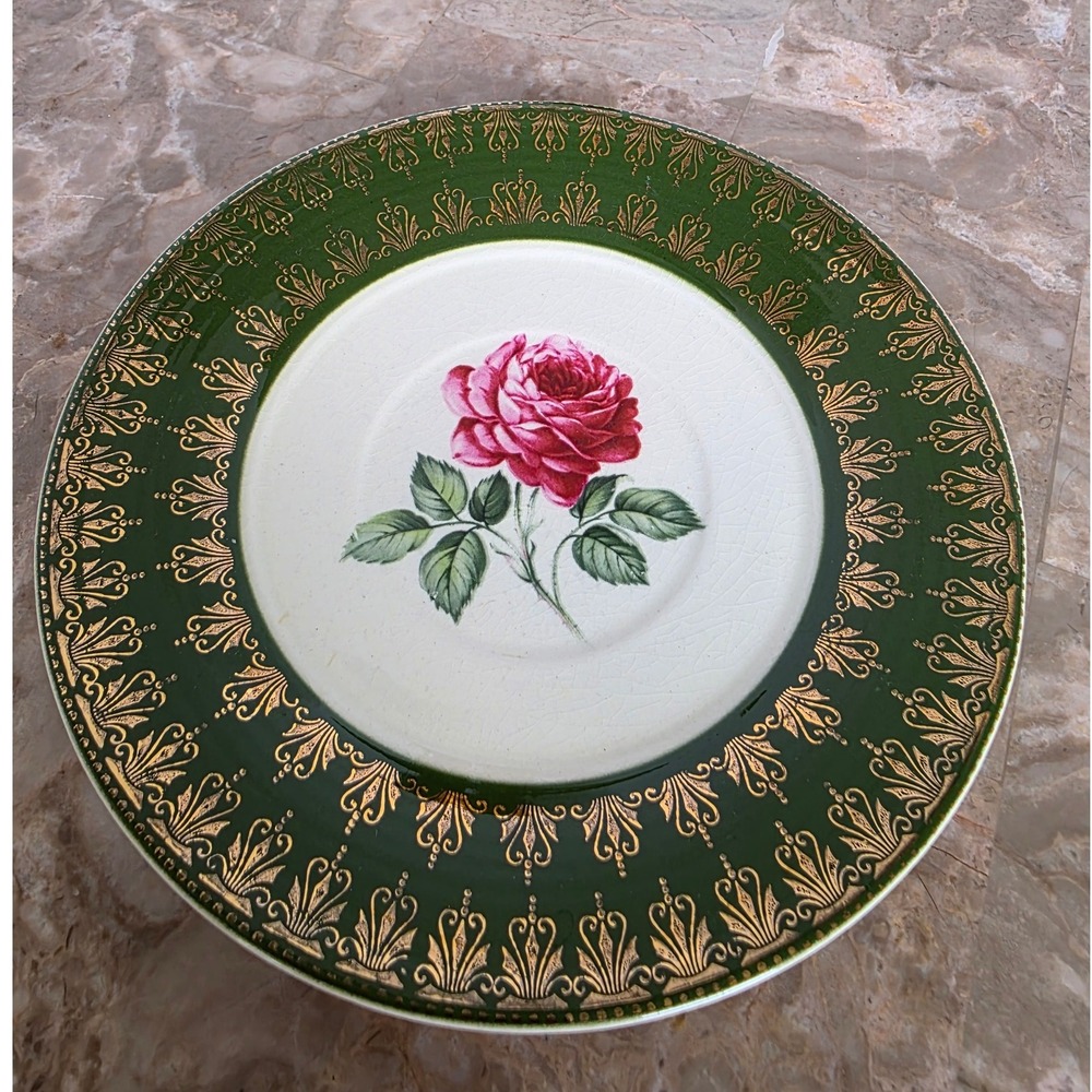 Vintage Limoges Decorative Saucer Rose Gold Trim Green Ceramic Tableware 6‎ Inch